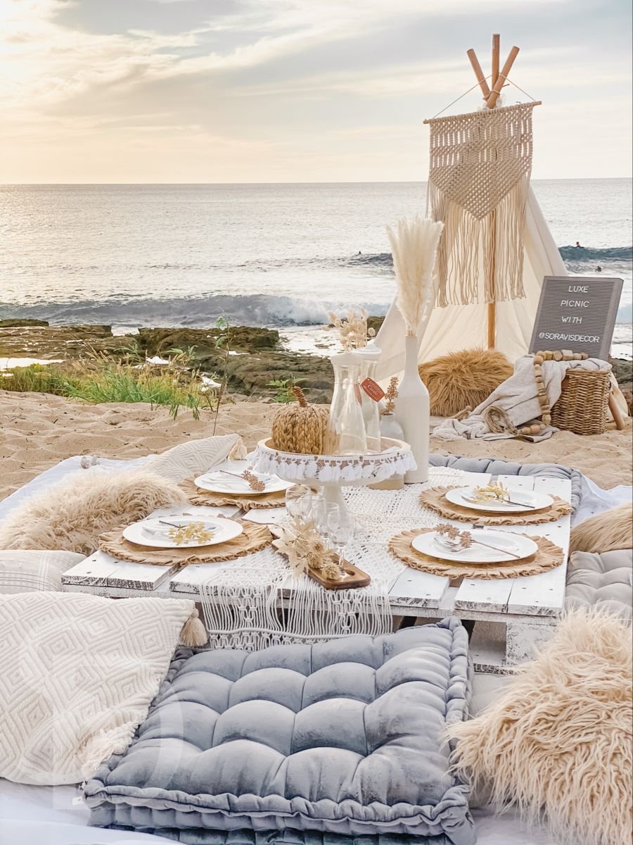 Romantic picnic date setup candles flowers Miami